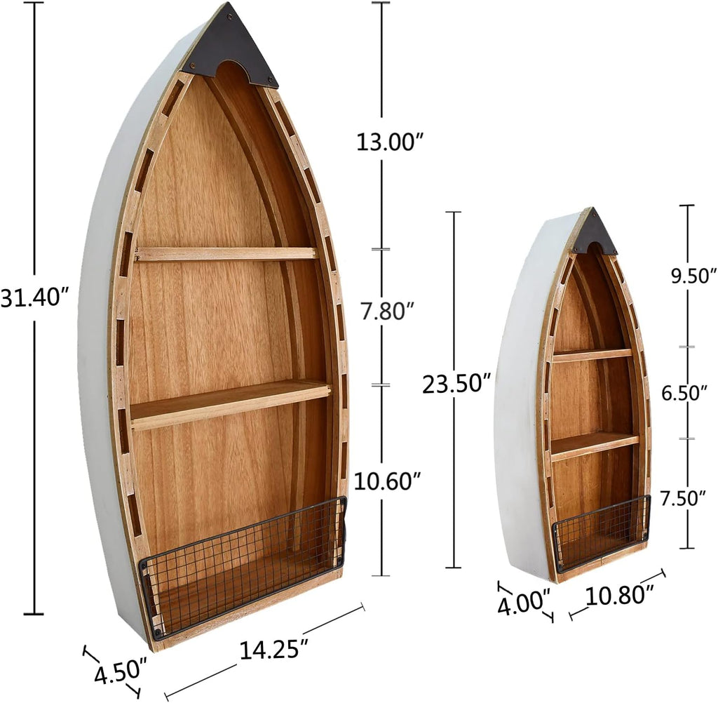 2 Set Wood Boat Shelf Standing Decor, Nautical Wall Hanging Canoe for Beach Theme Bathroom Living Room Baby Nursery Floor Tabletop Coastal Farmhouse Lake House Decor