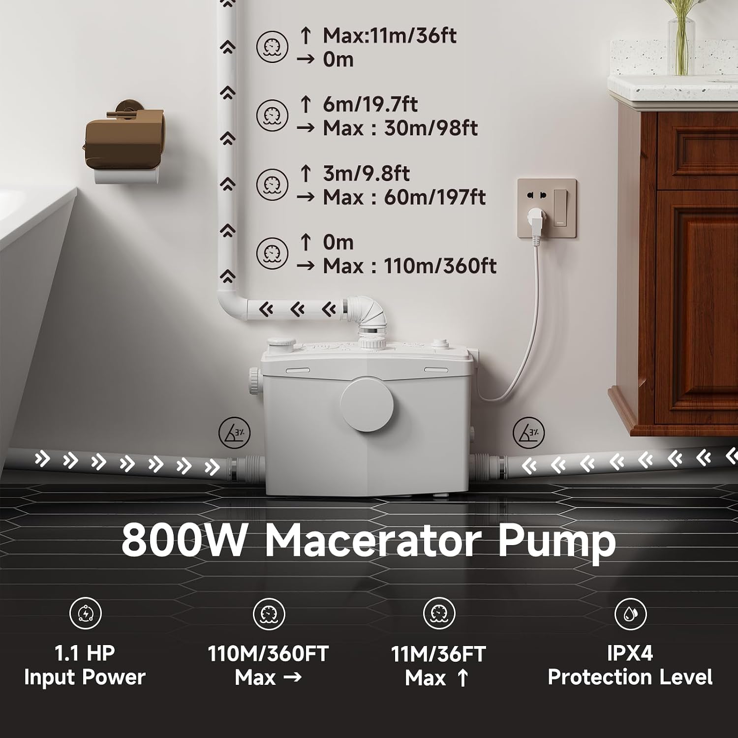 36ft Upflush Macerating Toilet System, Basement Toilet with Macerator Pump, One Piece Full Skirted, Flexible Top or Side Drain Port for Household Commercial Use, 1HP, 120V, CEC Approved
