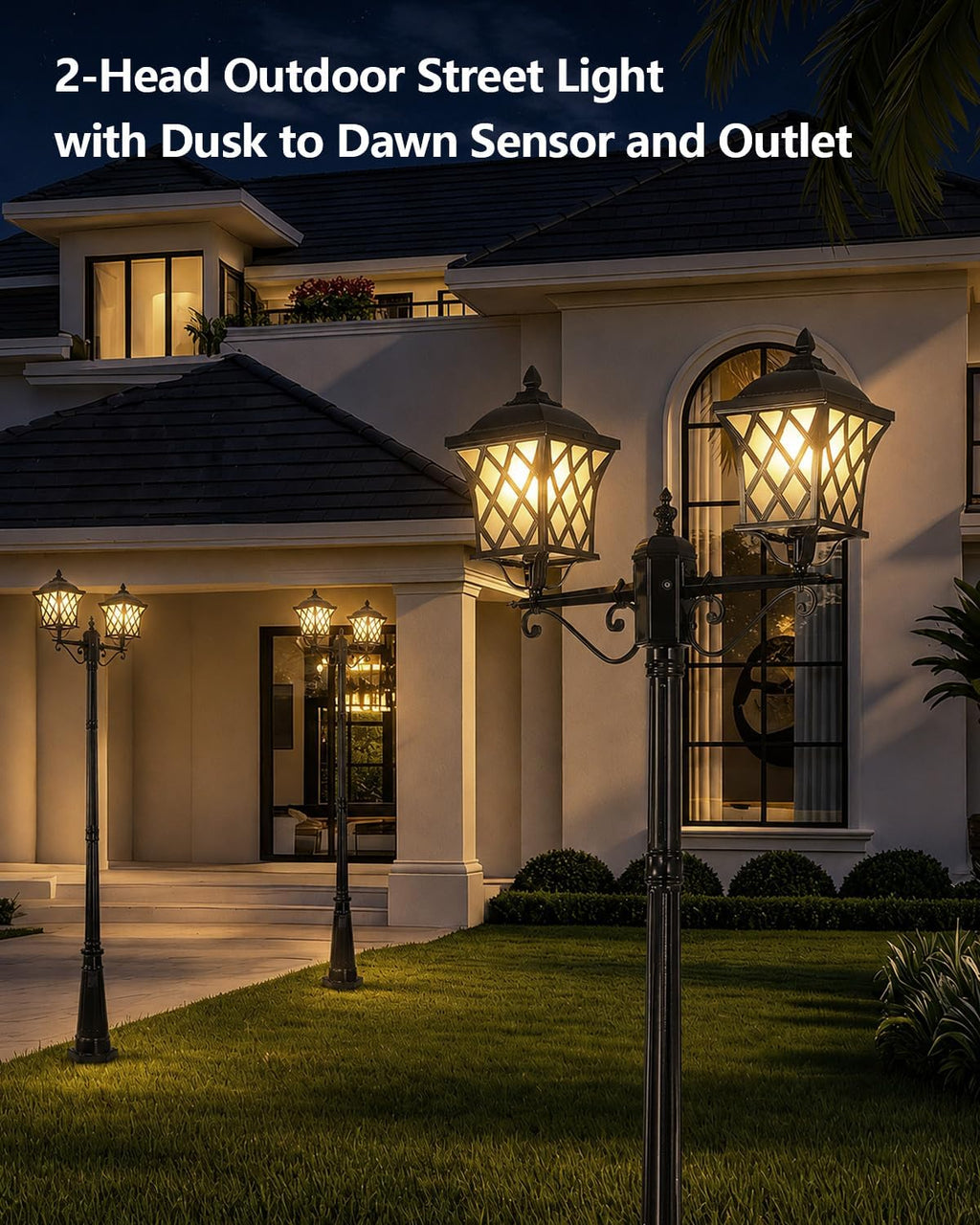 2-Head Outdoor Lamp Post Light with Outlet, 94″ Dusk to Dawn Street Light Pole Waterproof Aluminum Outdoor Post Lights, Black Exterior Lighting for Garden Yard Driveway (2 LED Bulbs Included)