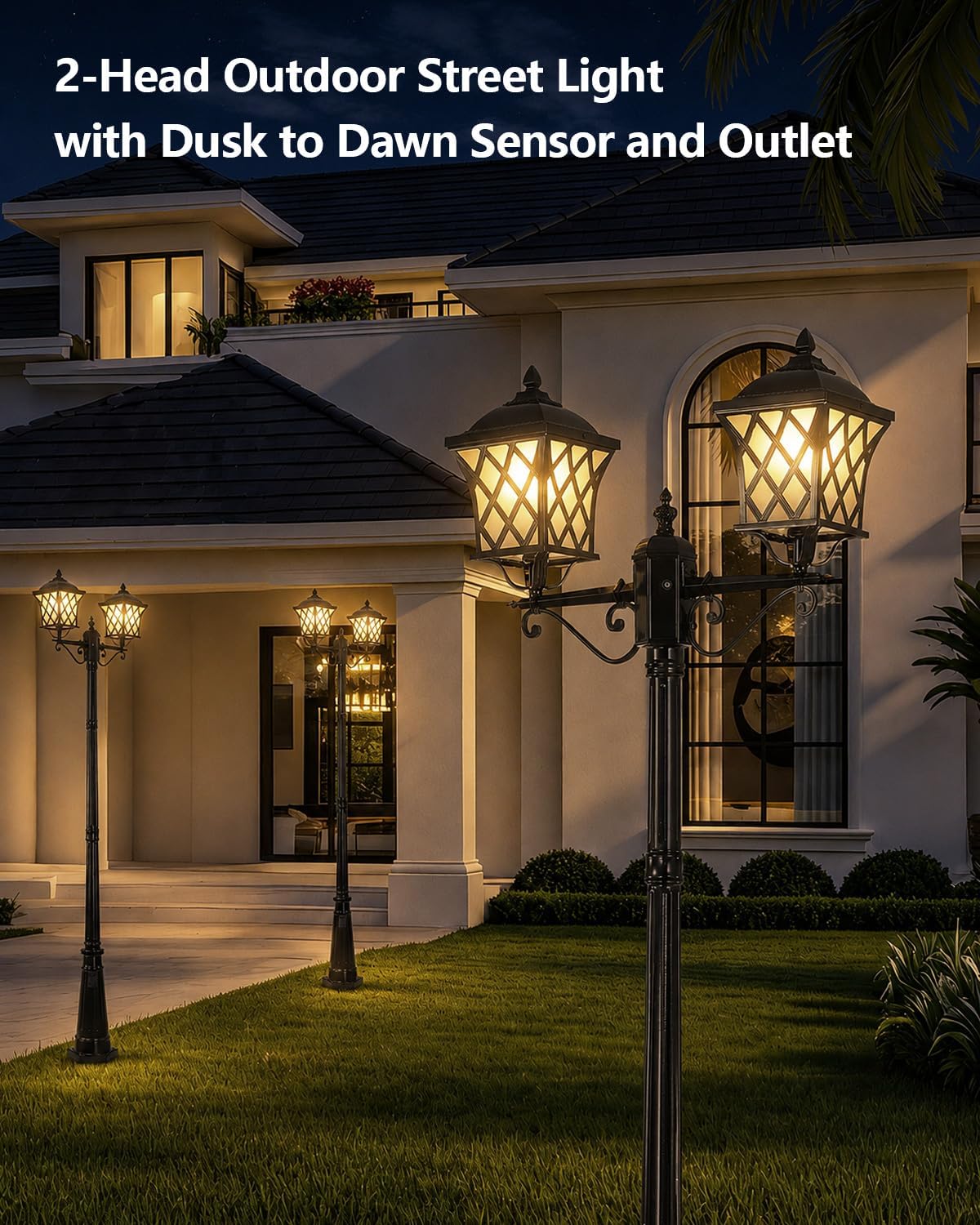 2-Head Outdoor Lamp Post Light with Outlet, 94″ Dusk to Dawn Street Light Pole Waterproof Aluminum Outdoor Post Lights, Black Exterior Lighting for Garden Yard Driveway (2 LED Bulbs Included)
