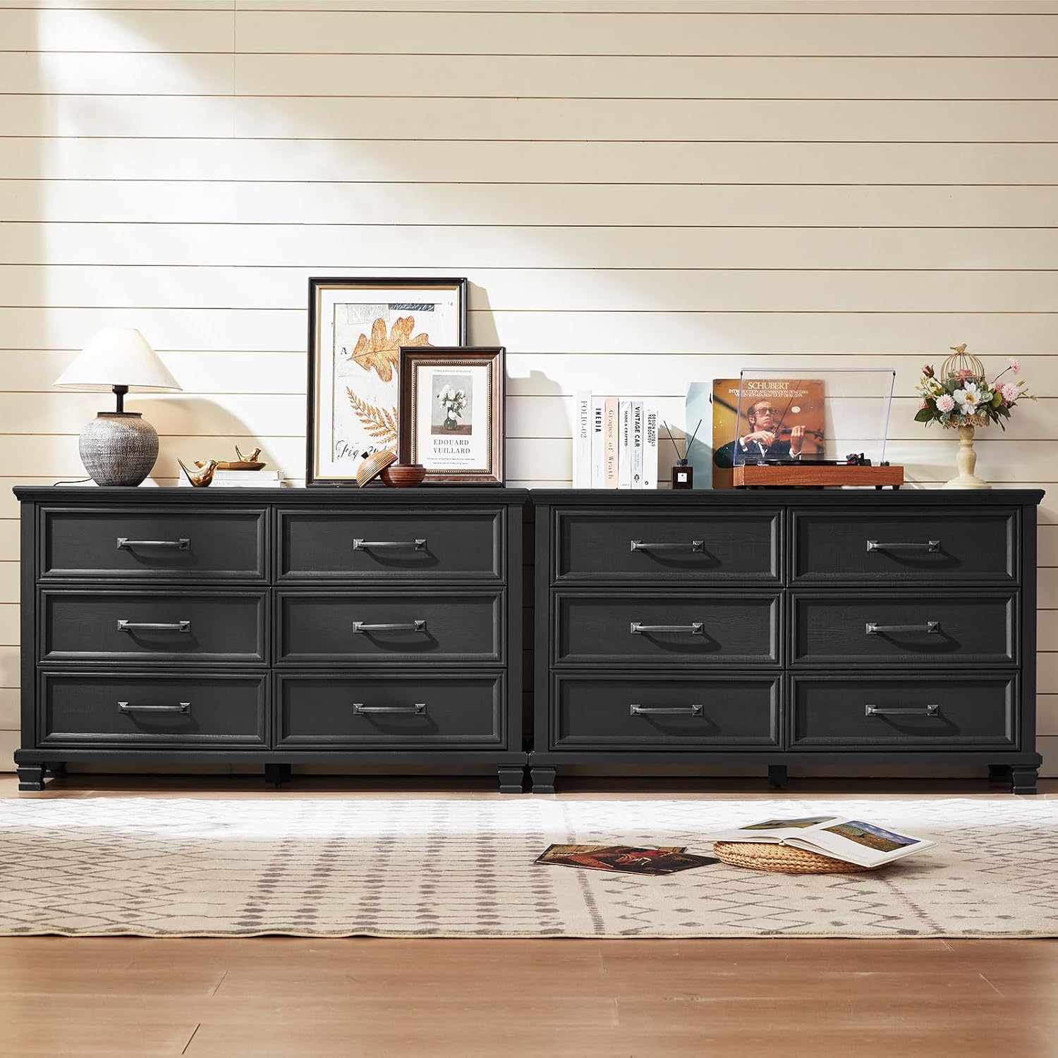 SAVOR LIFE Farmhouse Black 6 Drawer Dresser for Bedroom, 54 inch Wide Vintage Large Chest of Drawers with Square Wood Legs, Rustic TV Console for Living Room, Wooden Storage Closet Dressers for Home