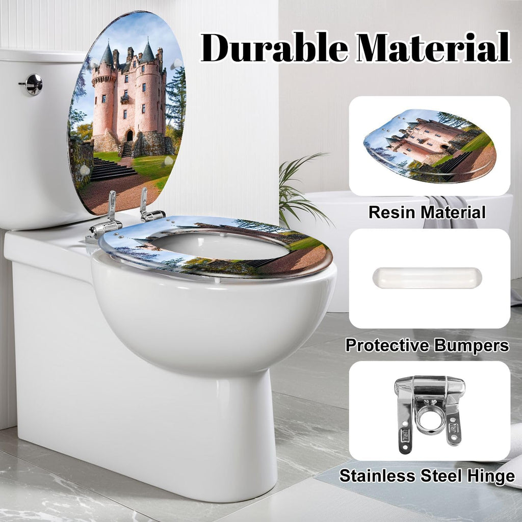 Elongated Toilet Seat Craigievar Castle Aberdeenshire Scotland Resin Toilet Seat Slow Quiet Close Lid with Quick-Release Hinges Cover Bumpers Easy to Clean Install