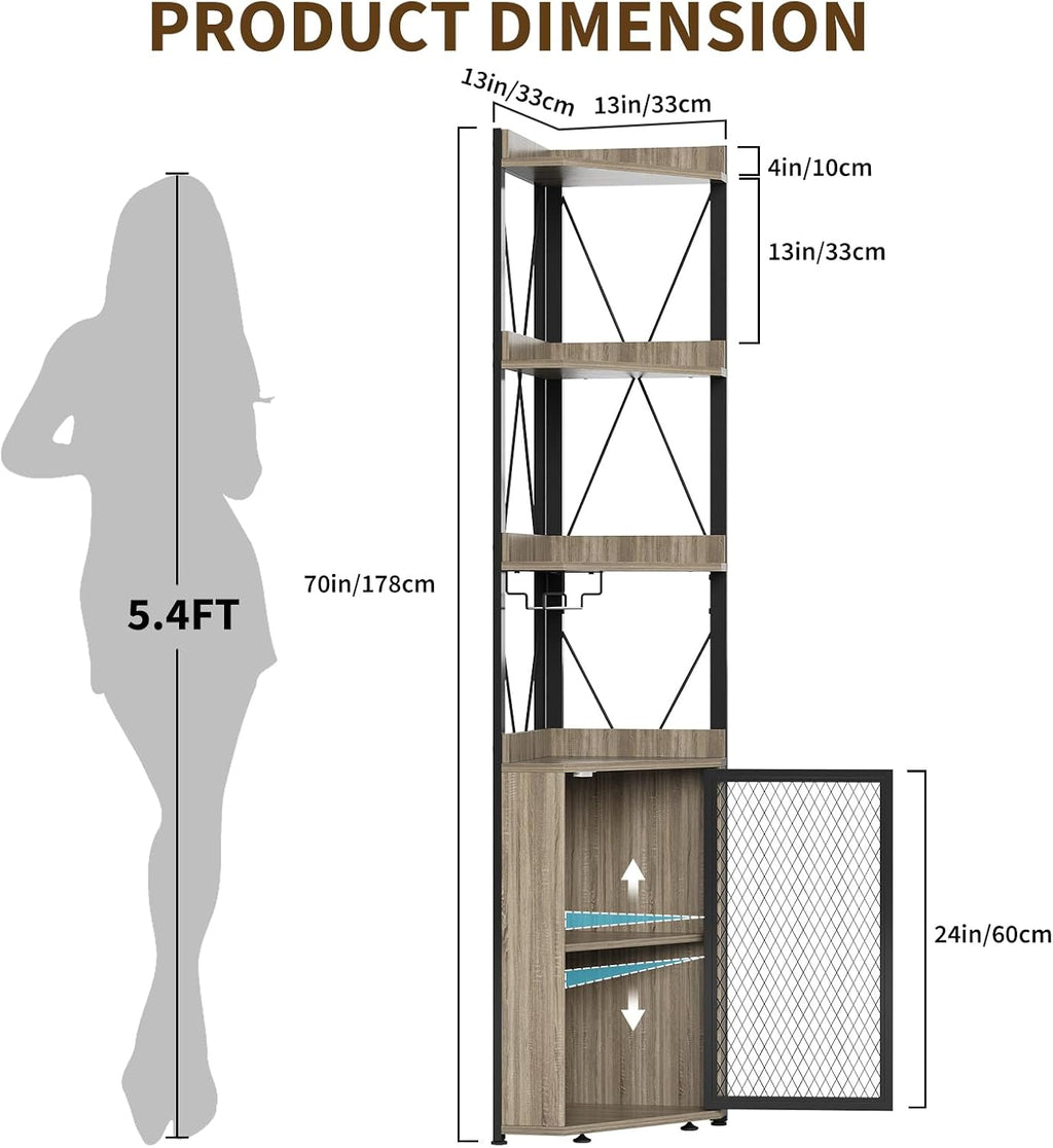 GarveeHome 69' Tall Corner Bar Cabinet with 5-Tier Shelves, Farmhouse Liquor Cabinet with Wine Rack & Glass Holder, Space-Saving Barn Door Storage Cabinet for Living Room Kitchen Home Bar - Gray