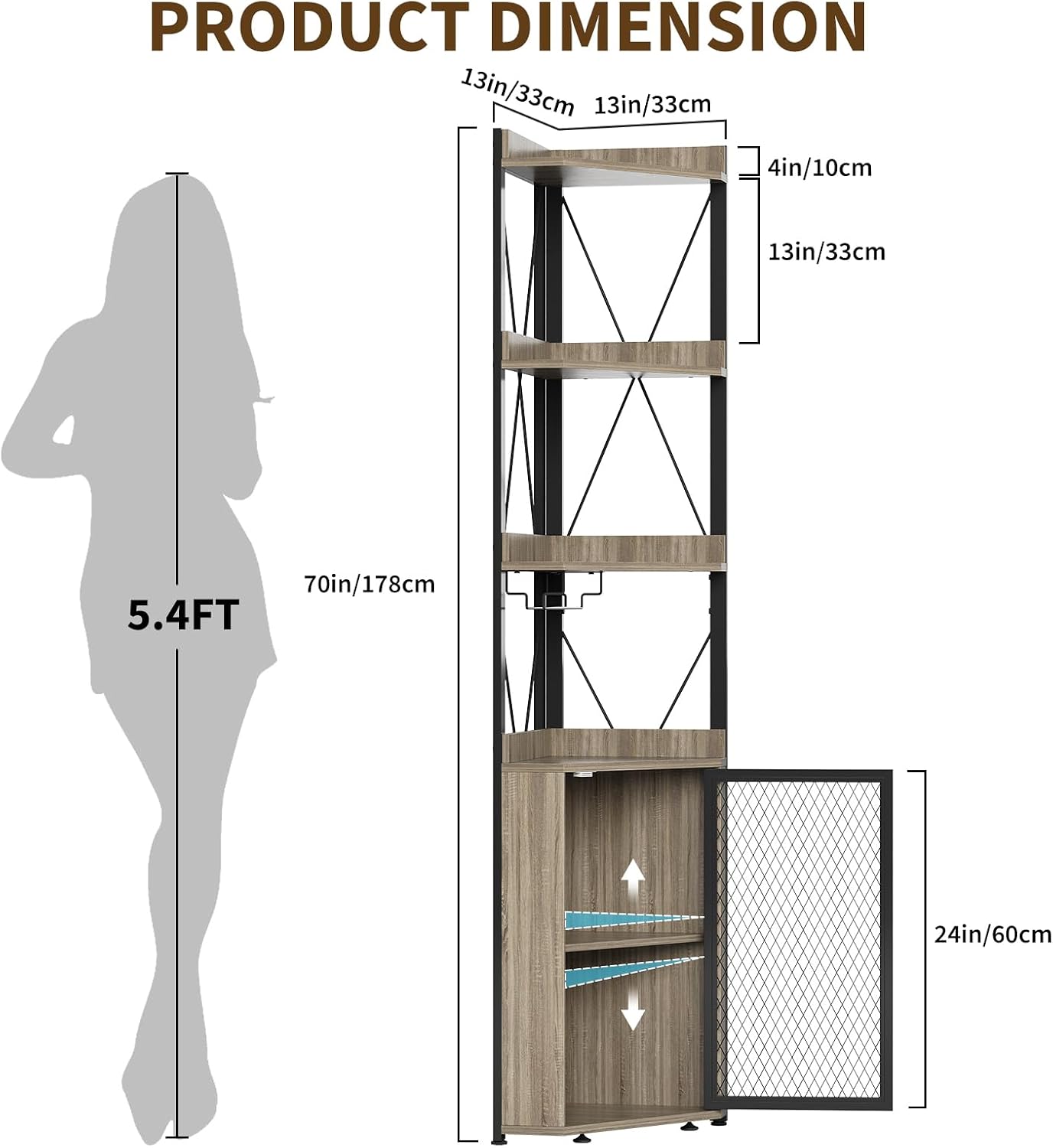 GarveeHome 69' Tall Corner Bar Cabinet with 5-Tier Shelves, Farmhouse Liquor Cabinet with Wine Rack & Glass Holder, Space-Saving Barn Door Storage Cabinet for Living Room Kitchen Home Bar - Gray