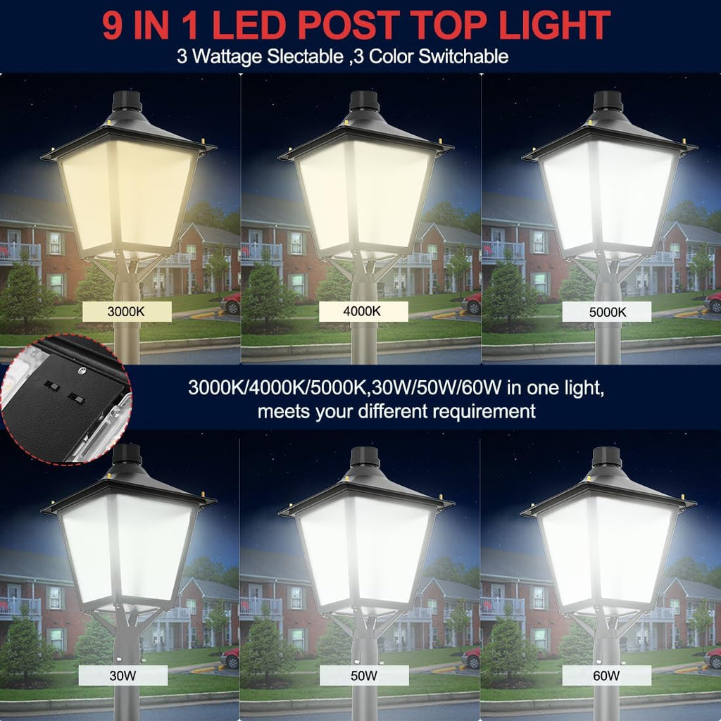 60W-50W-30W (Tunable) LED Post Top Light with Photocell - 3000K/4000K/5000K LED Pathway Pole Lights - 7800LM Outdoor Garden Lighting Fixture Dusk to Dawn Parking Lot Area Light