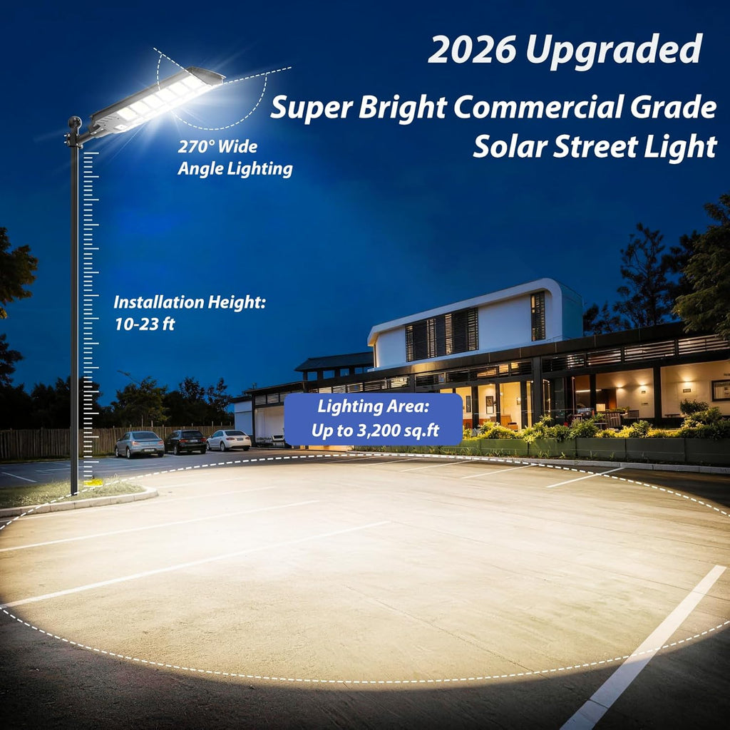 10000W Solar Street Lights Outdoor, Large Solar Powered Street Light Waterproof with Motion Sensor and Remote Control, 6500K Commercial Security Flood Lighting for Parking Lot, Yard, 2 Pack