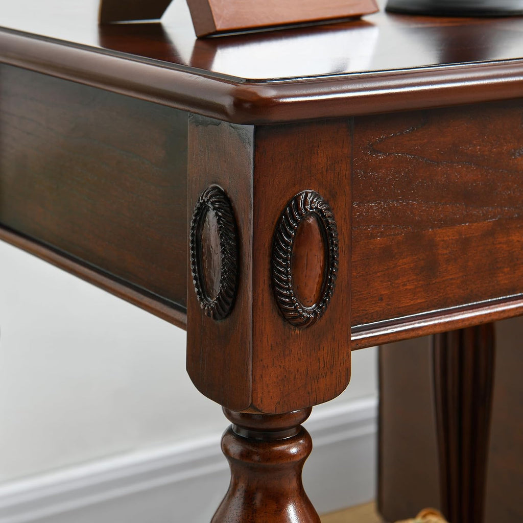 Solid Wood Side Table with Drawer and Storage Shelf, Traditional End Table, Narrow Telephone Nightstand, Carvings Elegant Vintage, for Living Room, Bedroom, Office Cherry Walnut GBJ1533WD
