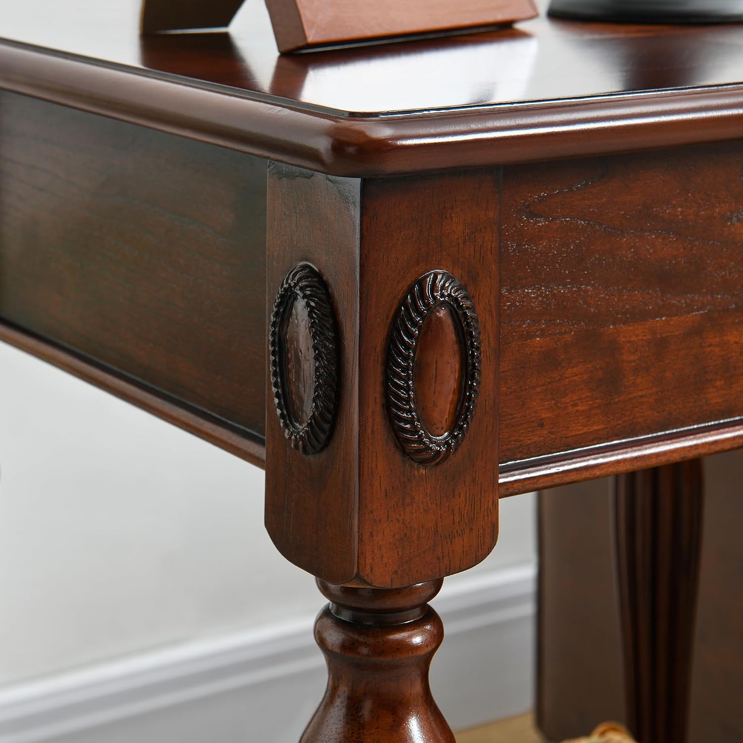 Solid Wood Side Table with Drawer and Storage Shelf, Traditional End Table, Narrow Telephone Nightstand, Carvings Elegant Vintage, for Living Room, Bedroom, Office Cherry Walnut GBJ1533WD