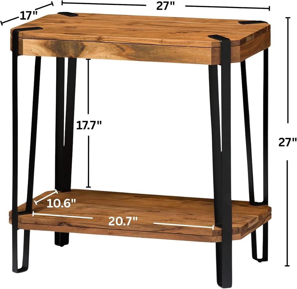 Ryegate Live Edge End Table with Storage – 2-Tier Solid Acacia Wood Side Table with Metal Frame and Lower Shelf – Industrial Accent Table for Living Room or Bedroom by Alaterre Furniture