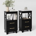 Tall Nightstand Set of 2 Side Table with 2 Drawers Modern Night Stand Wooden End Table Bedside Table with Upper Open Shelf Solid Feet for Bedroom Black