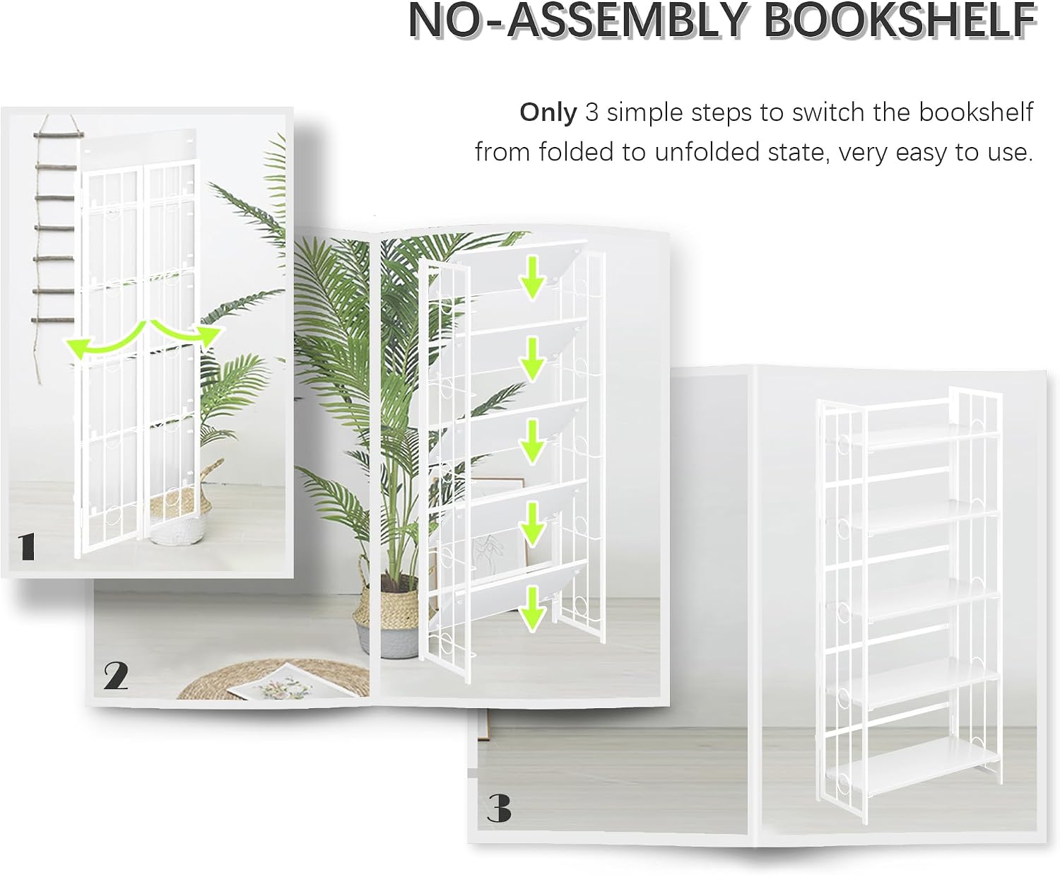 4NM No Assembly 5 Tiers Folding Bookshelf, 59.4' H Foldable Storage Shelves Vintage Bookcase Standing Racks Study Organizer Home Office - All White