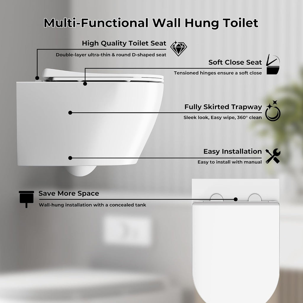 Wall Mounted Toilet with Slim Lift Soft Close Seat, Compact Space Saving Design for Modern Bathrooms and Guest Restrooms