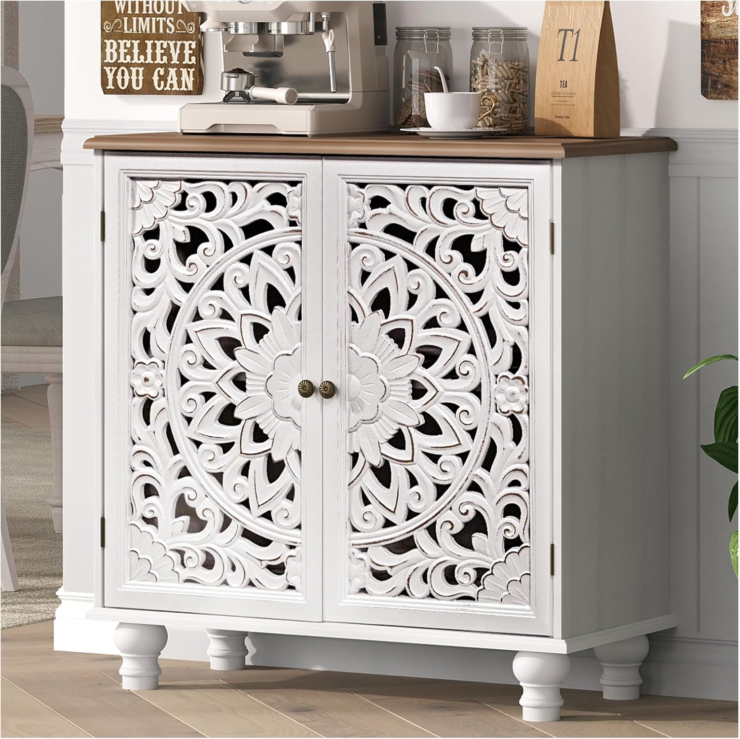 JOINICE White Accent Cabinet with Walnut Finish Top, 31' Farmhouse Storage Cabinet with Carved Doors for Living Room, Sideboard Buffet for Dining Room, Solid Wood Legs