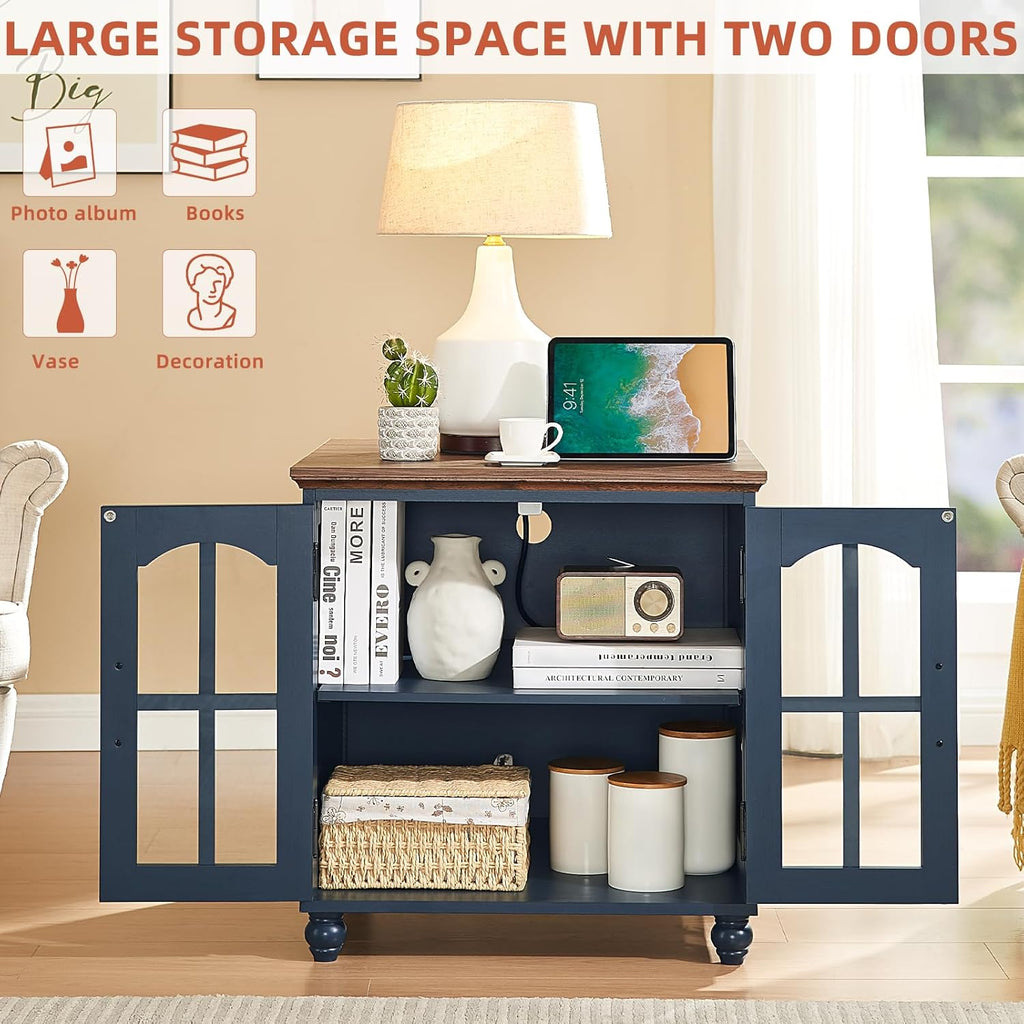 RWYHG Farmhouse 24' End Table Set of 2 with Charging Station, Large Sofa Side Table with Glass Barn Door,Wood Night Stand with Adjustable Storage Shelf,Square Bedside Table for Living Room,Bedroom