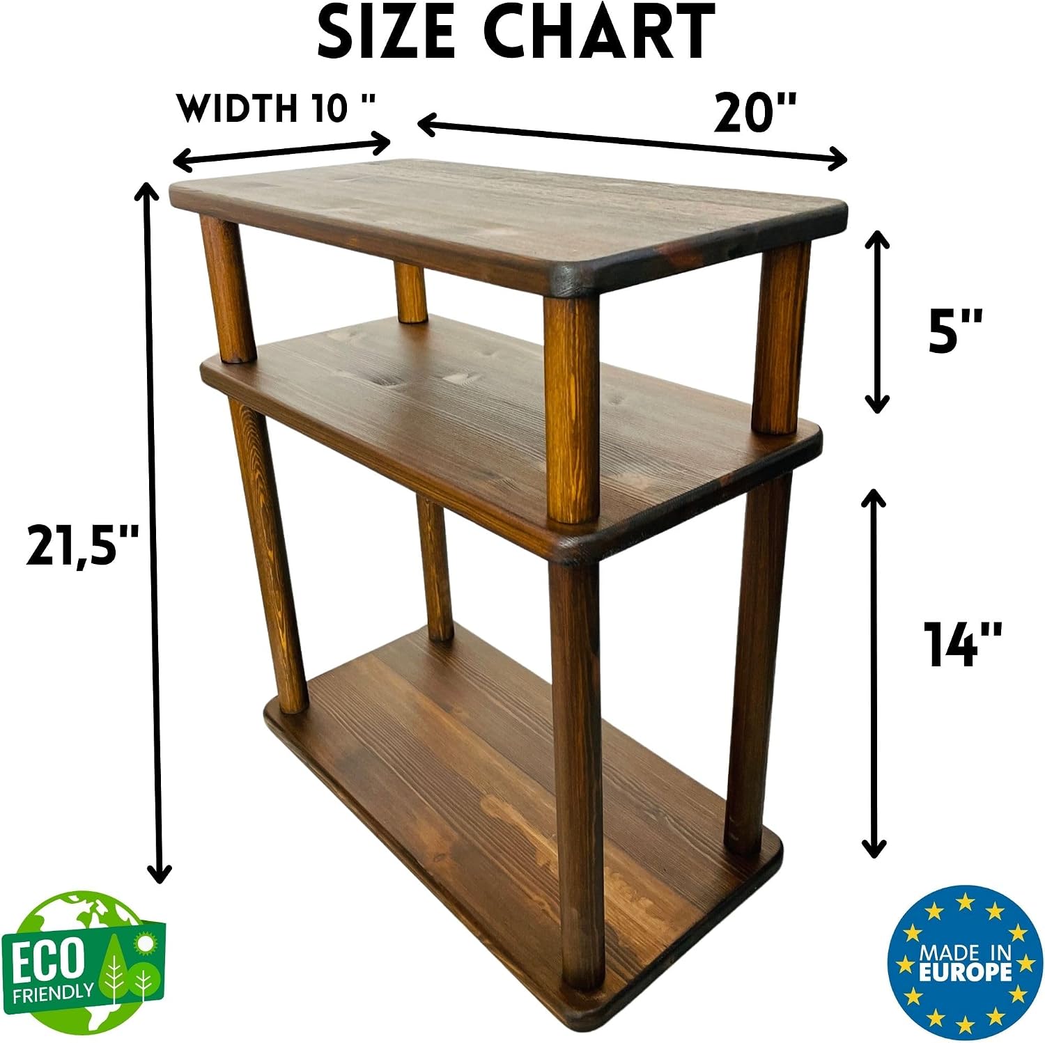 Handcrafted Solid 3-Tier Narrow Side Table, 10 Inch Pine Wood End Table for Living Room with Storage, Slim Bedside Table for Small Spaces, Nursery, Bedroom, Office (Walnut, Low)