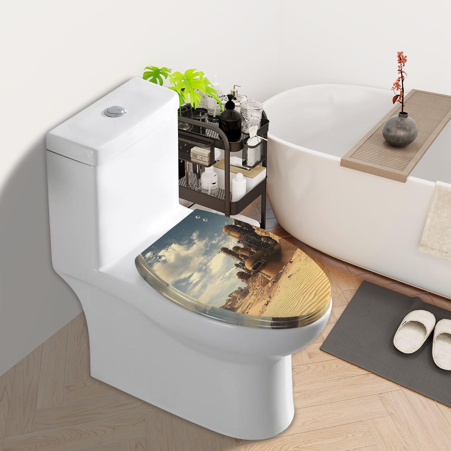 Elongated Toilet Seat Distant Desert Town Resin Toilet Seat Slow Quiet Close with Quick-Release Hinges Toilet Seat with Cover Easy to Clean Install