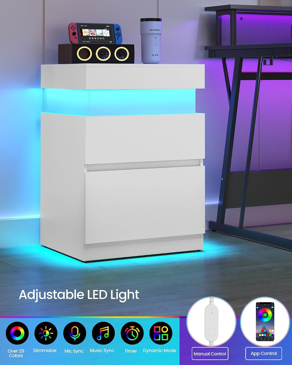 VASAGLE Kailyn Collection - Nightstands with Power Outlets, Sliding Lid, Modern Bedside Tables with LED Lights, End Tables, 2 Drawers, Set of 2, 15.7 x 18.9 x 26.8 Inches, Cloud White ULET650WB01S-2J