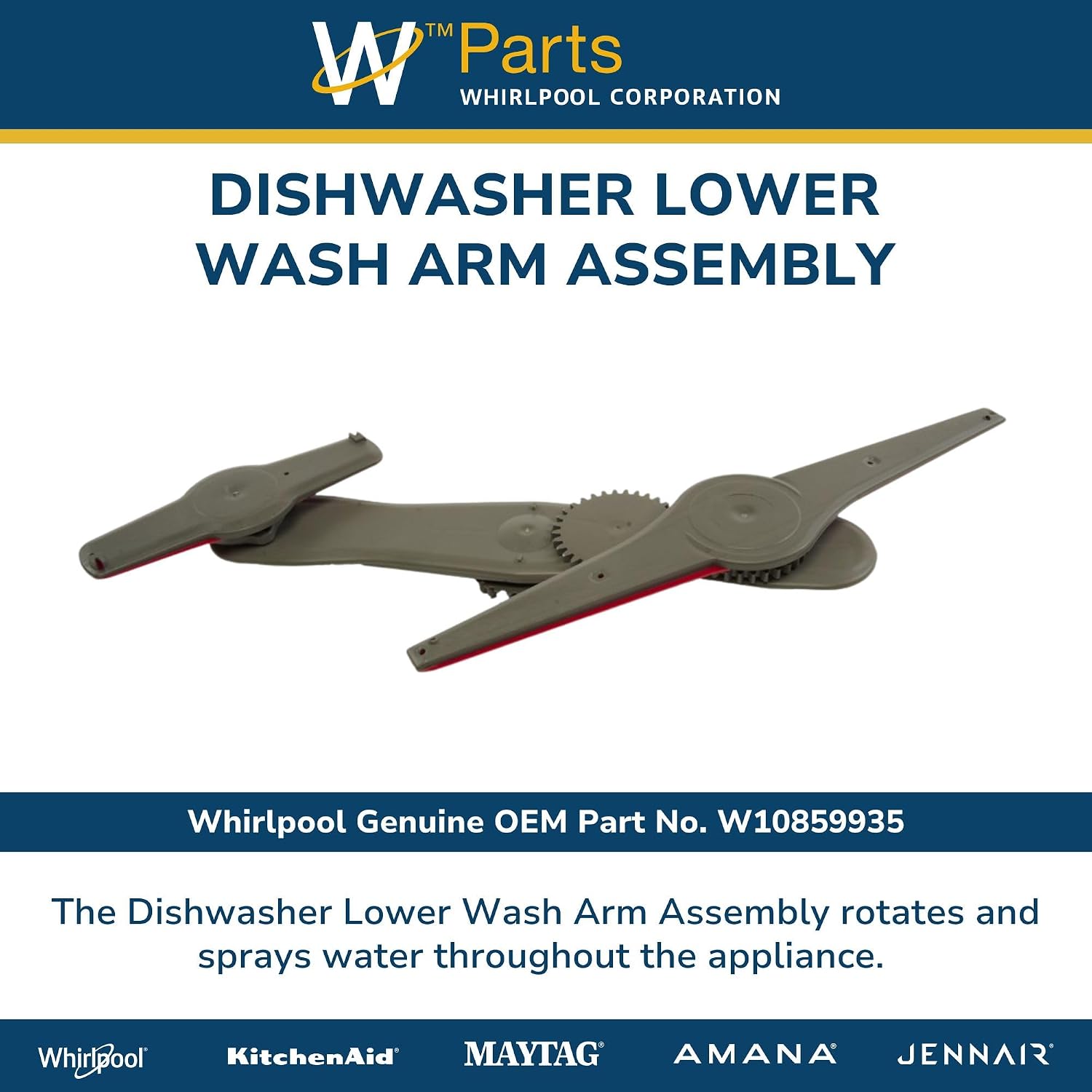 Whirlpool W10859935 Genuine OEM Dishwasher Lower Wash Arm Assembly Replacement Part - Replaces W10380245, W10769129, WPW10380245, and W10783132