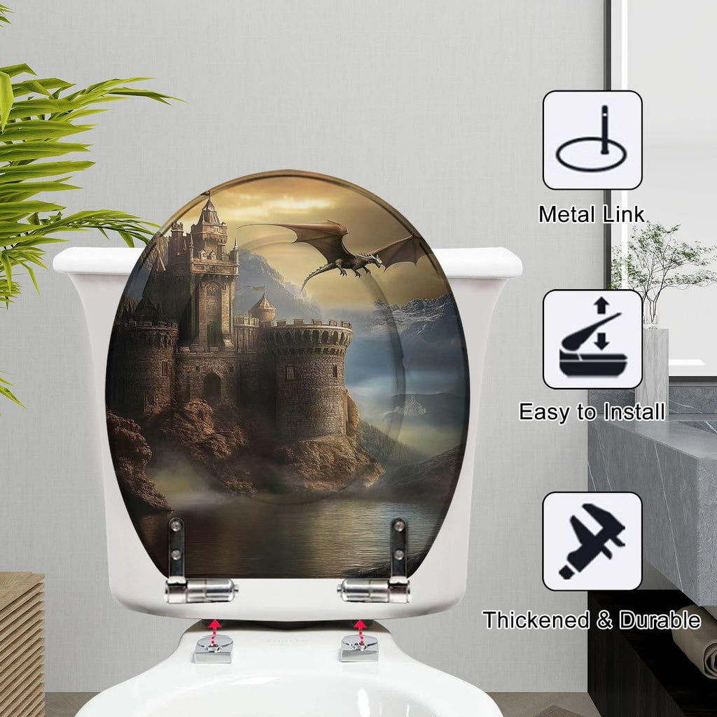 Round Toilet Seat Fantasy castle dragon Resin Toilet Seat Slow Quiet Close Lid with Quick-Release Hinges Cover Bumpers Easy to Clean Install