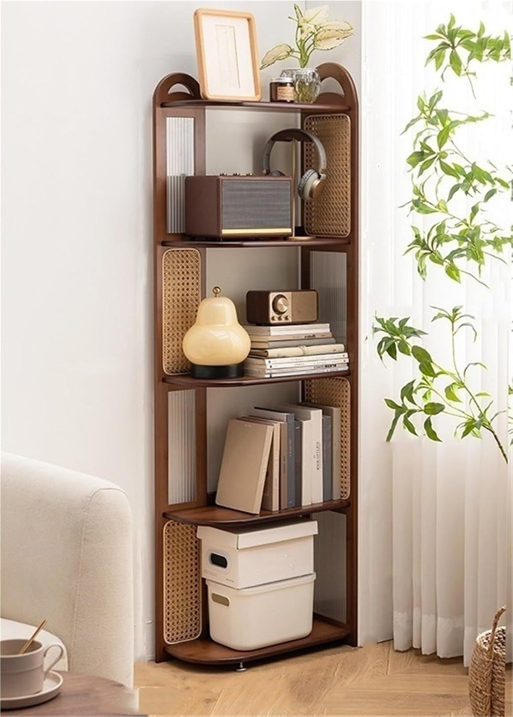 4 Layers Storage Rack Freestanding Corner Display Stand with Adjustable Foot Pad Open Display Rack Rattan Bookshelf Corner Shelf for Living Room Decor,Multipurpose Shelving Unit