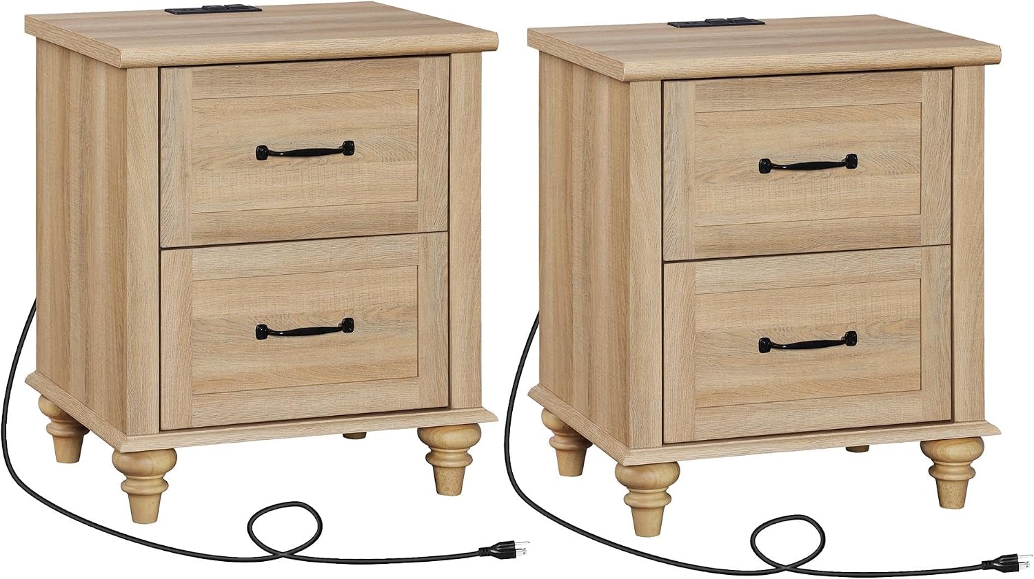 WAMPAT Nightstands Set of 2 Side Table with Charging Station, Light Wood End Tables with 2 Drawers for Living Room, Farmhouse Night Stand Bedside Table for Bedroom, Oak
