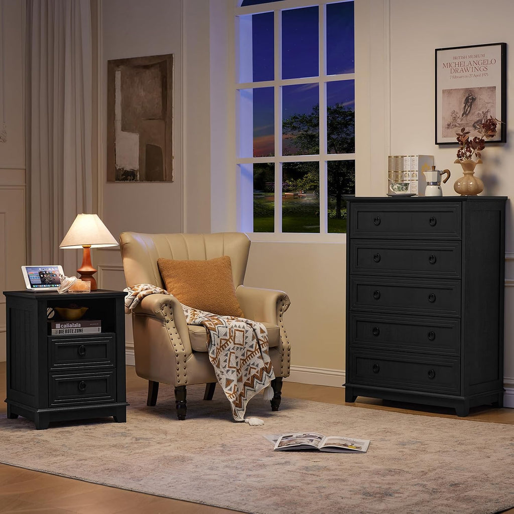 Joaxswe Farmhouse 5 Drawer Dresser for Bedroom Set of 2, 42' Tall Small Dressers & Chest of Drawers, Rustic Wood Dresser with Metal Handle, Storage Organizer Closet for Living Room, Hallway,Entryway