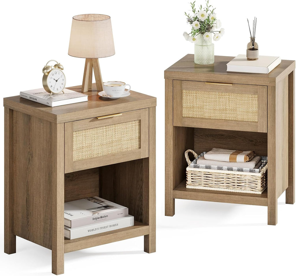 Eclatara Rattan Nightstand Set 2: Boho End Table with Drawer and Storage Shelf, Farmhouse Cane Accent Bedside Night Stands for Bedroom Small Space Sofa (2, Caramel Oak)
