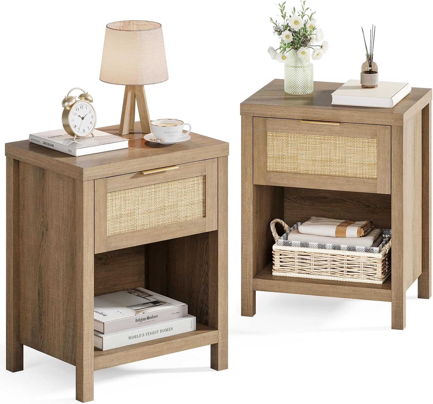 Eclatara Rattan Nightstand Set 2: Boho End Table with Drawer and Storage Shelf, Farmhouse Cane Accent Bedside Night Stands for Bedroom Small Space Sofa (2, Caramel Oak)
