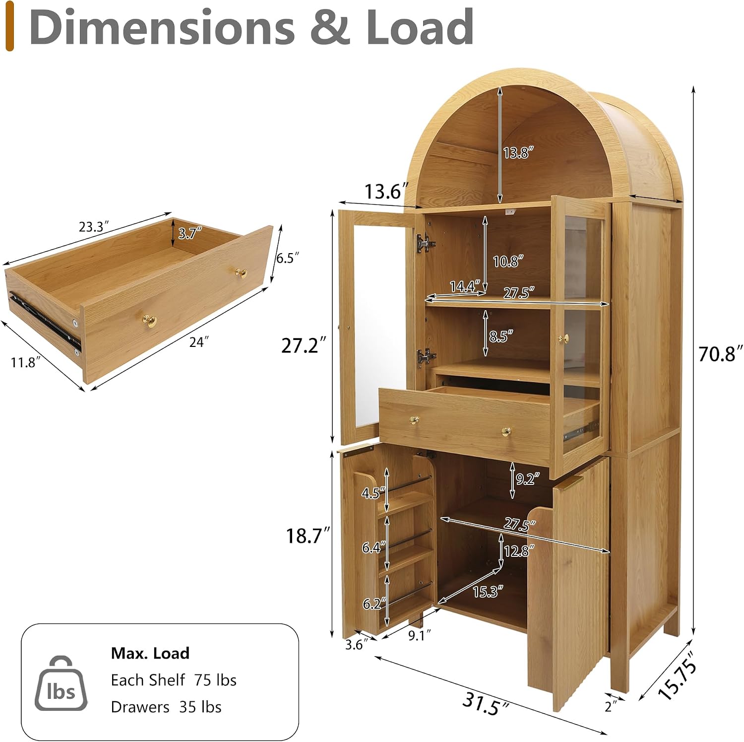 71' Tall Arched Kitchen Pantry with Drawer,Glass Door,Door Racks, Fluted Hutch Cabinet with Storage & Adjustable Shelves,Cupboard Buffet Cabinet for Living Room, Coffee Bar Corner(Natural) (Natural-1)