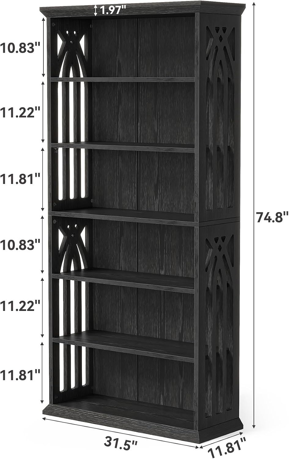 LITTLE TREE 6-Tier Bookcase, Set of 2 Farmhouse Bookshelves and Bookcases, 75-Inch Floor Standing 6 Shelf Wooden Display Storage Shelves Tall Bookcase for Home Office, Living Room, Bed Room, Black