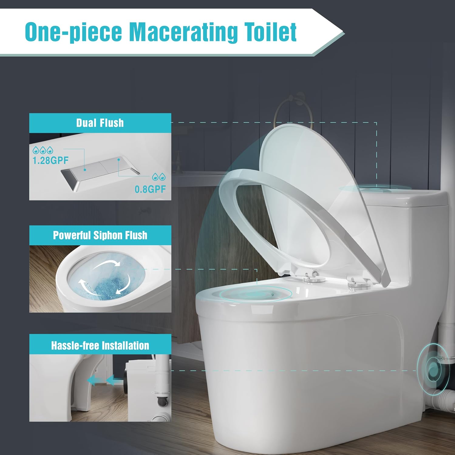 SUPERFLO Macerating Toilet System with Macerator Toilets Pump & One Piece Toilet Bowl,600W Upflush Toilet for Basement Pump to V26.2- H262 Feet