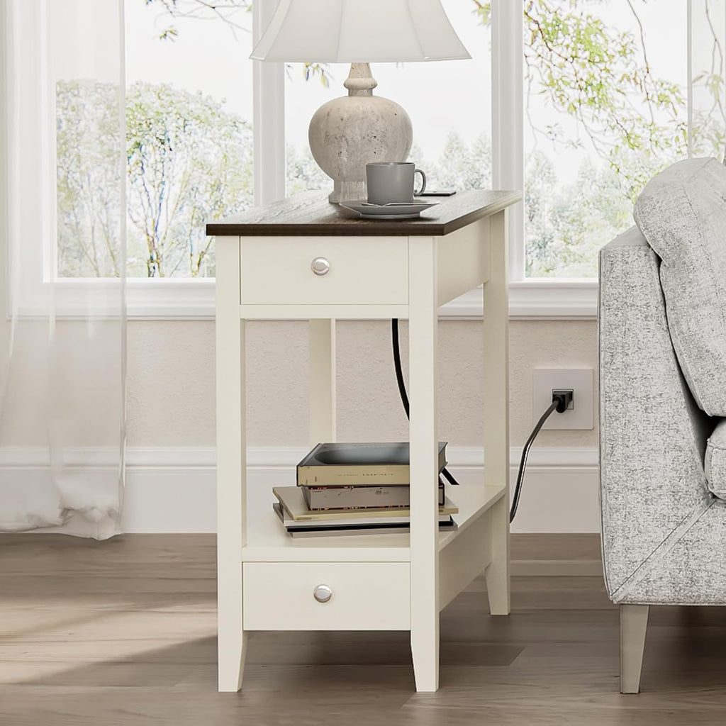Treocho Farmhouse End Tables Living Room Set of 2, Narrow Side Table with Charging Station, Soft White Table Bedside Sofa for Small Spaces, Living Room, Bedroom