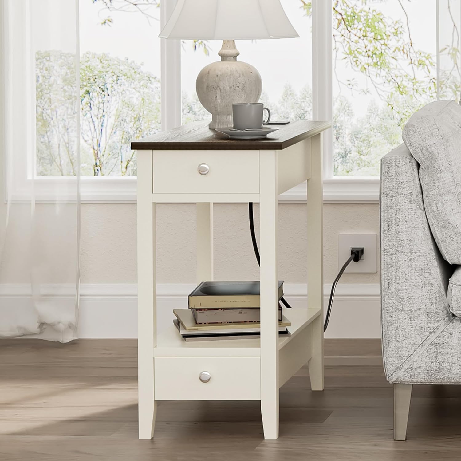 Treocho Farmhouse End Tables Living Room Set of 2, Narrow Side Table with Charging Station, Soft White Table Bedside Sofa for Small Spaces, Living Room, Bedroom