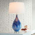 Possini Euro Design Taylor 29' Tall Teardrop Modern Coastal End Table Lamp Blue Art Glass Single Fabric White Shade Living Room Bedroom Bedside Nightstand House Office Home Kitchen Entryway Console
