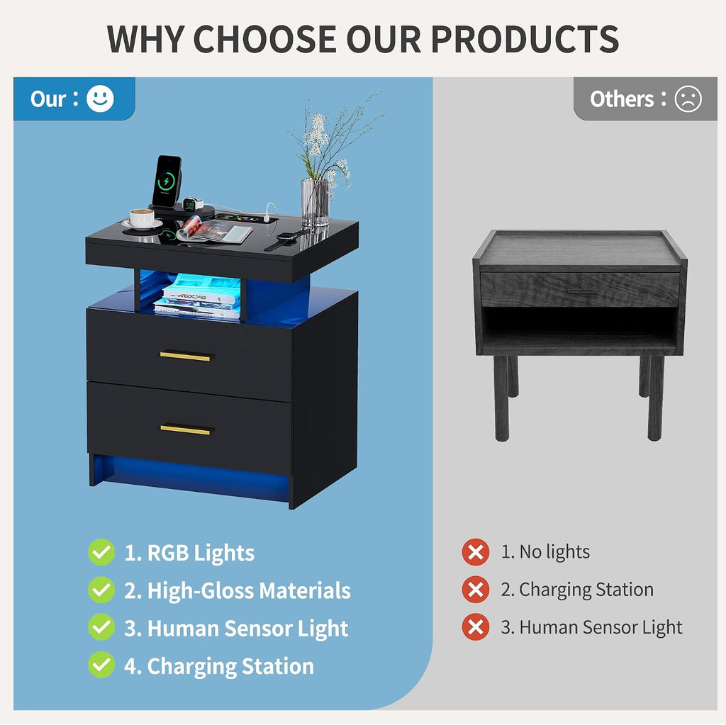 Smart Night Stand Set of 2 with Charging Station, Modern Black Nightstand with 24 Color Lights and 2 Drawers, LED Bedside Tables with Auto Senor,High Gloss End Side Table for Bedroom