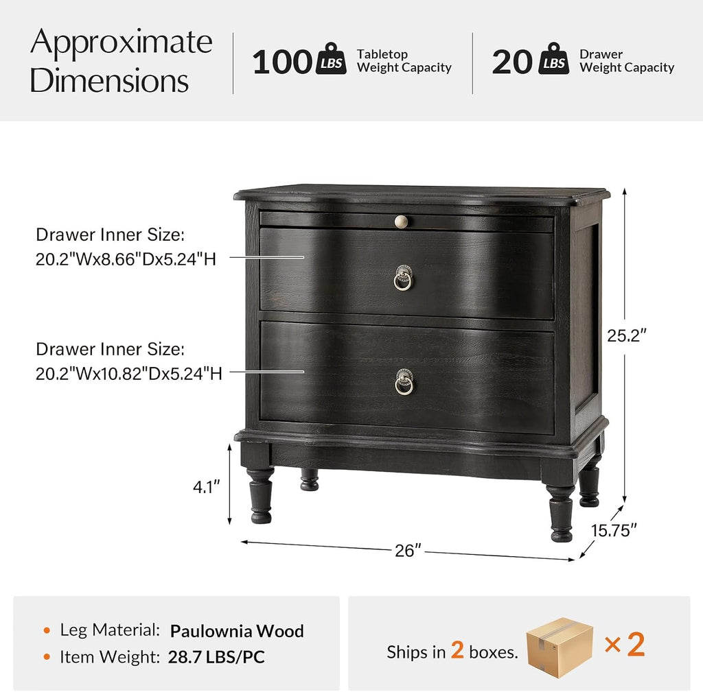 HULALA HOME Solid Wood Storage End Tables with Hidden Pull-Out Shelf, Transitional 2 Drawer Side Tables with Charging Station, Large SideTables with USB Ports, Easy Assembly, (Set of 2, Charcoal)