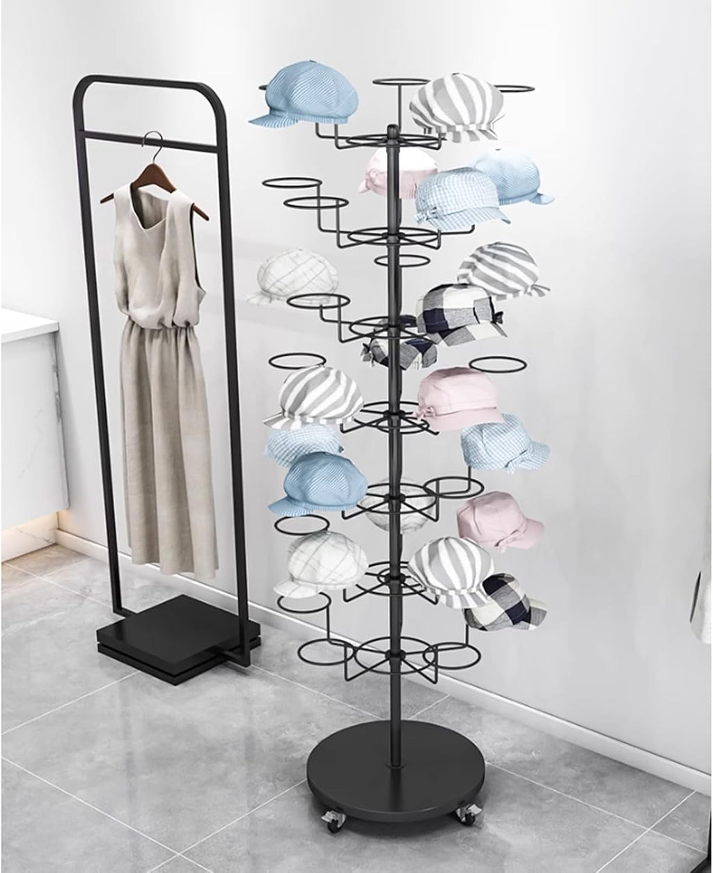 Helmet Stand Display Stand Hat Display Rack Rotating Floor-Standing Hat Stand Adjustable Hat Headwear Rack Baseball Cap Organizer with Wheels Metal Hat Storage Holders