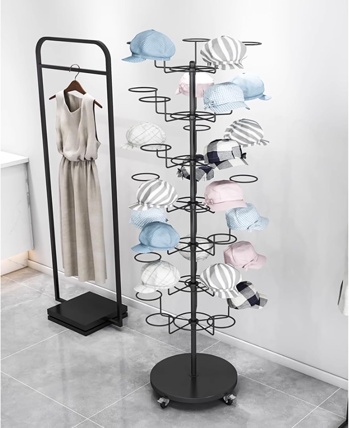 Hat Display Rack Rotating Floor-Standing Hat Stand Adjustable Hat Headwear Rack Baseball Cap Organizer with Wheels Metal Hat Storage Holders (Black 6 Tiers)