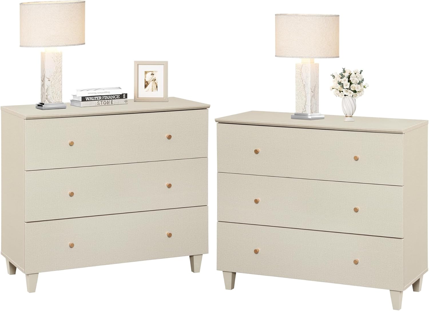 WAMPAT Large Nightstand with 3 Drawers for Bedroom Set of 2, Modern Wood Bedside Chest Dressers, Wide Night Stands Sofa Side End Tables for Living Room, Beige Linen Textured Printed, 35 Inches