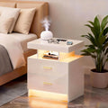 Smart Night Stand with Charging Station, Modern White Nightstand with 24 Color Lights and 2 Drawers, LED Bedside Tables with Auto Senor,High Gloss End Table for Bedroom