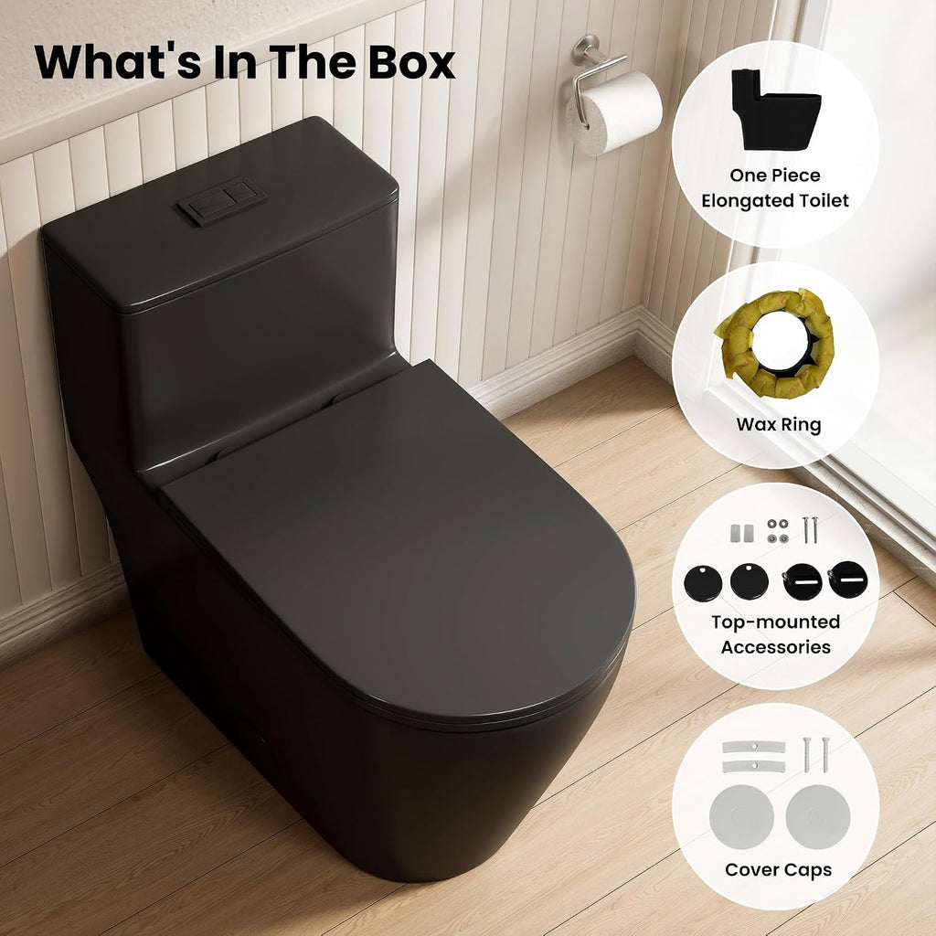 Casta Diva Elongated One Piece Toilet Black with 17' ADA Comfort Chair Height Seat Compact Toilet for Bathroom Power Dual Flush 1.1/1.6GPF & MAP 1000g, 12'' Rough-in, Matte Black