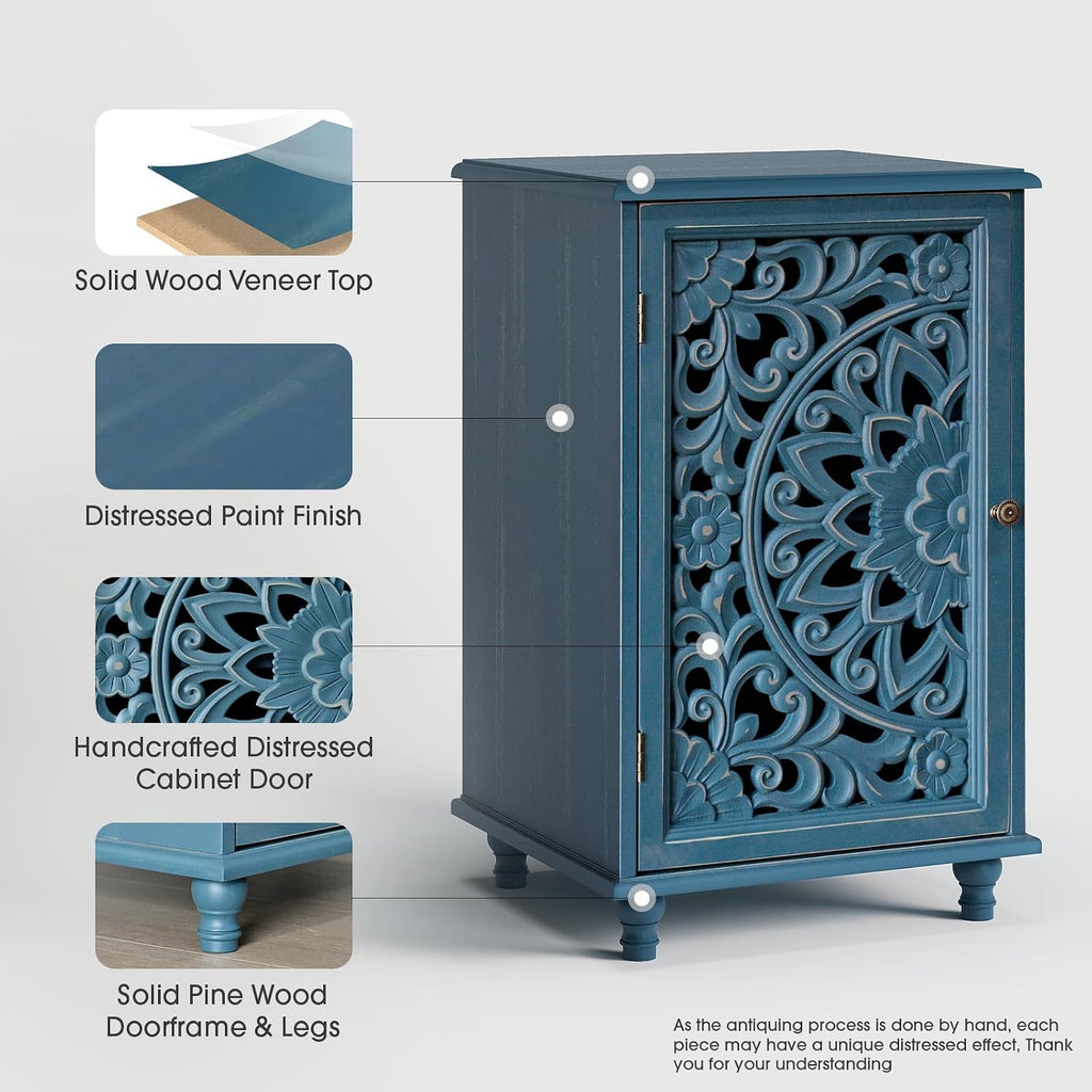 JOINICE Small Accent Cabinet with Carved Mandala Door, Blue Storage Cabinet with Solid Wood Legs & Adjustable Shelf, Boho Distressed End Table for Living Room, Bedroom, Entryway Side Table