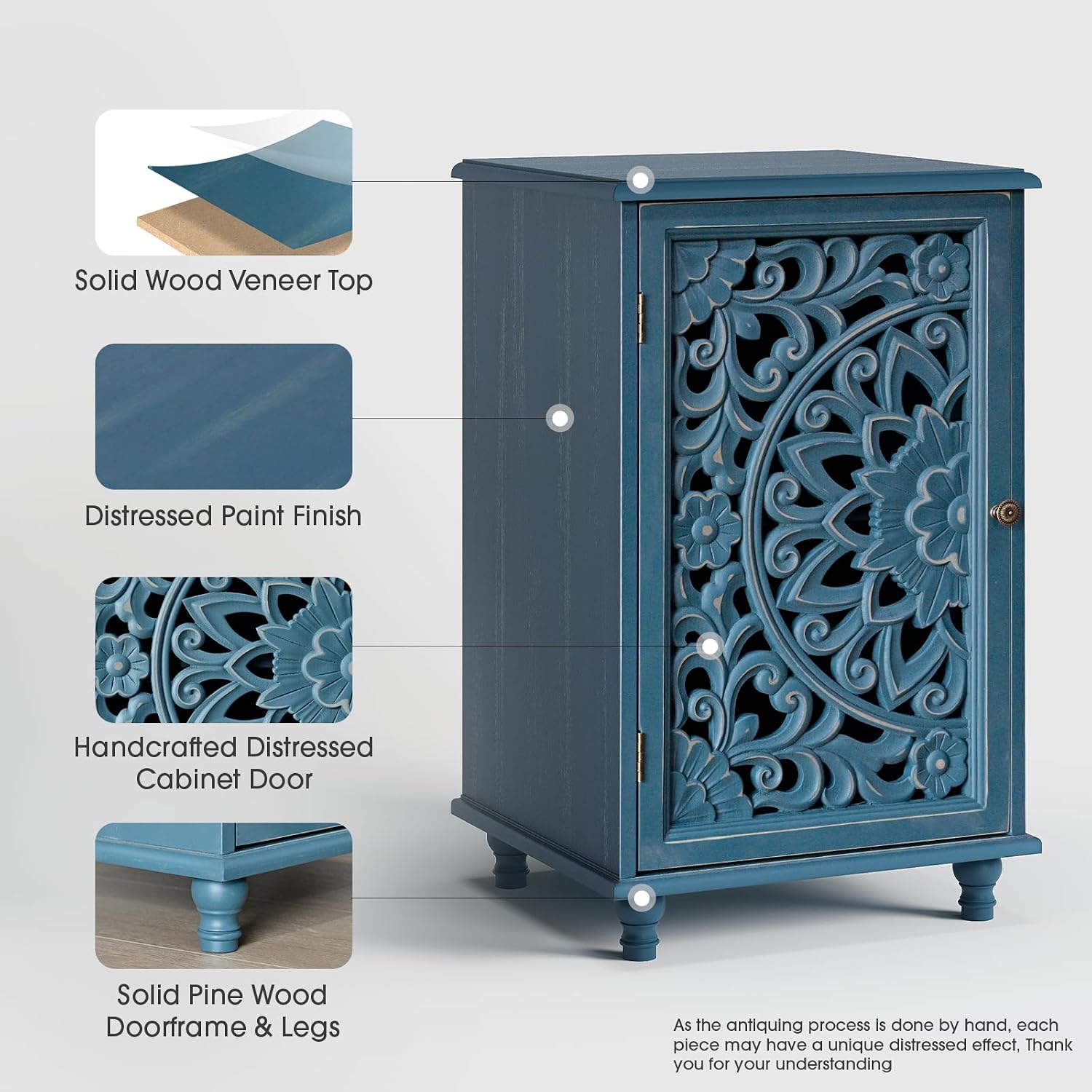 JOINICE Small Accent Cabinet with Carved Mandala Door, Blue Storage Cabinet with Solid Wood Legs & Adjustable Shelf, Boho Distressed End Table for Living Room, Bedroom, Entryway Side Table