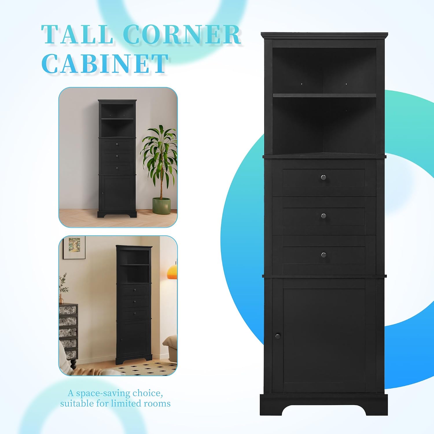Corner Storage Cabinet with Adjustable Shelves, 68.9 in Tall | MDF, painted finish, adjustable shelves, corner fit, enclosed storage, bathroom, kitchen, 23 W x 13.4 D x 68.9 H in