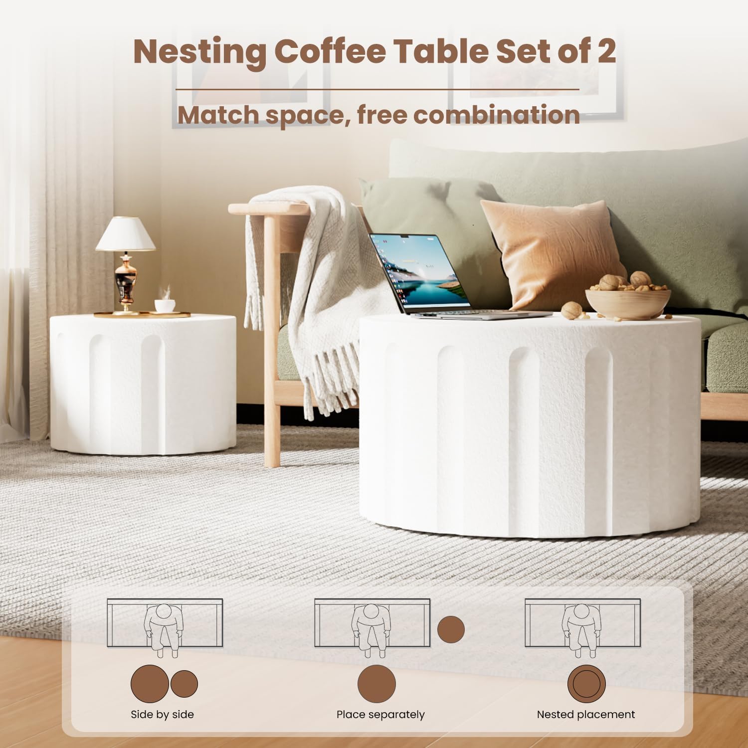 Fluted Round Nesting Coffee Table Set of 2, Modern Unique Circle Coffee Table, Drum Side Tea Table, Space-Saving for Living Room, Bedroom, Balcony, Office, No Assembly (26.77'+19.69' White B)