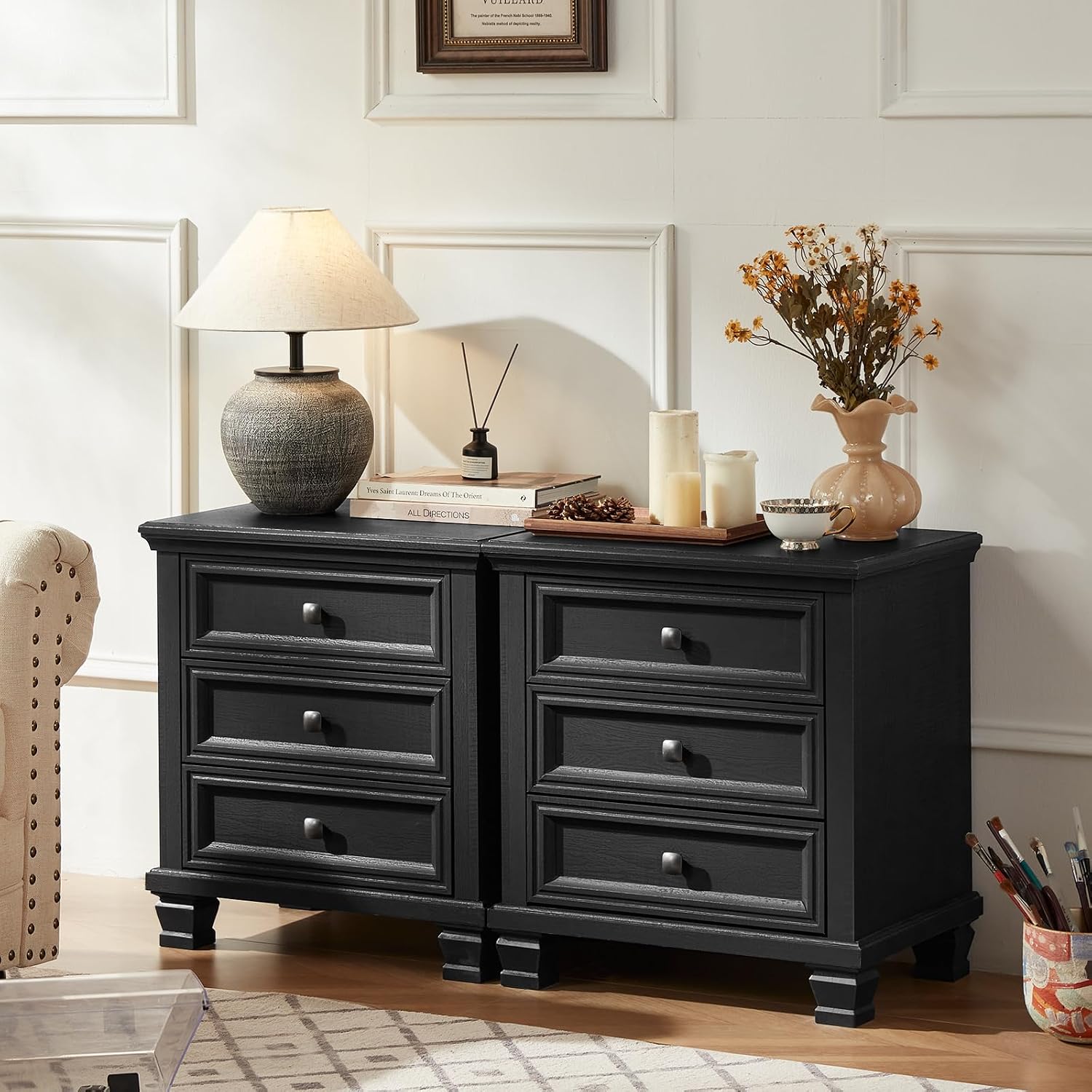 SAVOR LIFE Farmhouse Nightstand with 3 Drawers, Rustic Couch End Table with 4 Square Solid Wood Legs, Mid-Century Modern Bed Side Table with Storage, Small Dresser for Bedroom, Living Room, Black
