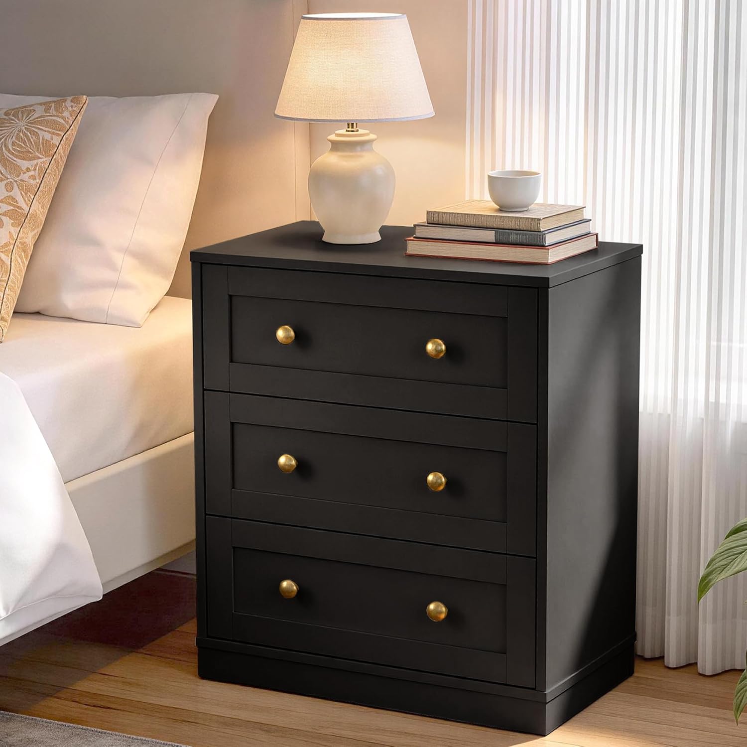 RoyalCraft Black Nightstand Set of 2, Night Stand with 3 Drawers Storage, Modern Bedside Table, End Table for Bedroom, Hallway, Closet