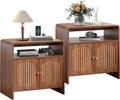 Set of 2 Farmhouse Side Table with Charging Station, Mid Century Modern End Table with Storage & Arched Doors, Wooden Nightstand with USB/Type-C, Curved Side Table for Living Room Bedroom(Walnut)