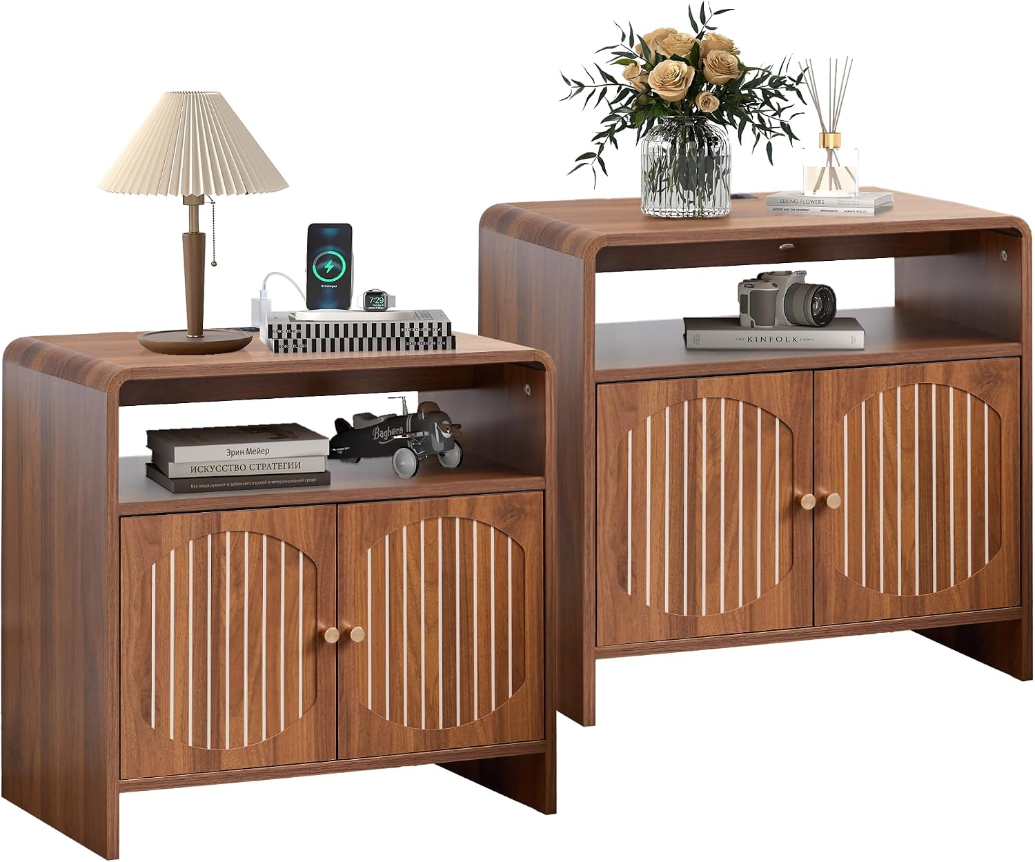 Set of 2 Farmhouse Side Table with Charging Station, Mid Century Modern End Table with Storage & Arched Doors, Wooden Nightstand with USB/Type-C, Curved Side Table for Living Room Bedroom(Walnut)