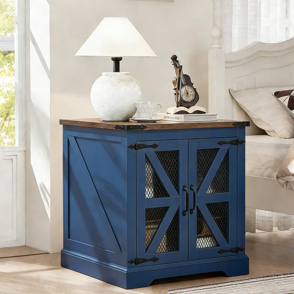 Farmhouse End Table Set with Charging Station, Living Room Tables with Hidden Storage, Wood Square Sofa Bedside Tables, Night Stand with Power Outlet and Door, Blue